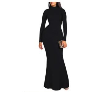 فستان ماكسي طويل انيق باكمام طويلة و كولة عالية للنساء قطن