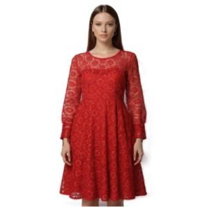 فستان دانتيل قصير أنيق ببطانة  بأكمام طويلة