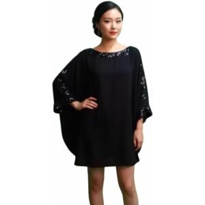 بلوزة نسائية بأكمام واسعة مع ترتر، أسود، تصميم فضفاض