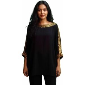 بلوزة نسائية فضفاضة بأكمام واسعة، أسود مع ترتر ذهبي، شيفون، مقاس واحد، تصميم عصري أنيق للمناسبات الخاصة