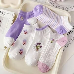 مجموعة شرابات سوكت كاجوال للنساء بطول الكاحل مريحة للقدمين 5 ازواج + 1 هدية عبارة عن 6 ازواج قطن