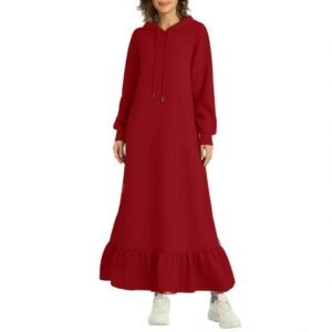 فستان  طويل بقلنسوة وأكمام طويلة وحافة مكشكشة للنساء