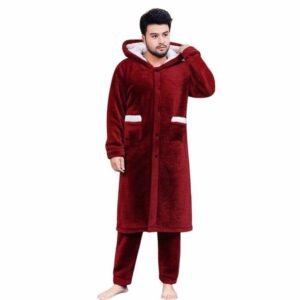 بيجامة رجالى من خامة الفرو قطعتين روب بزراير طويل وبنطلون