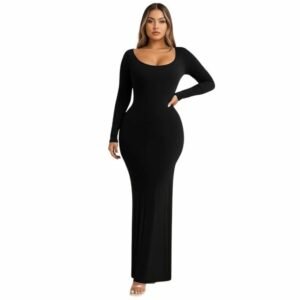 فستان نسائي طويل بأكمام طويلة، أسود، قطن، مقاسات متعددة