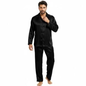 بيجامة رجالي ستان، أسود، طقم نوم من قطعتين بأكمام طويلة
