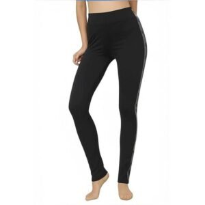 بنطلون ليجن نسائي أسود بشريط جلد جانبي، خصر عالي، للياقة البدنية والاستخدام اليومي