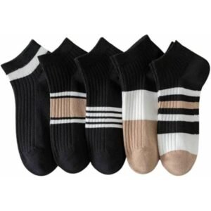 جوارب رجالية قصيرة مخططة، مضادة للحساسية والبكتيريا، مجموعة من 5 قطع مع جورب هدية، أسود وأبيض وبيج