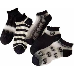 جوارب نسائية شفافة بتصميم مخطط وفيونكات، أسود وأبيض، مجموعة من 5 قطع مع شراب هدية