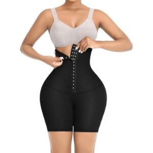 شورت مشد بكبش للنساء، لون أسود، بخصر عالٍ وإغلاق بخطافات متعددة، مثالي لتشكيل القوام