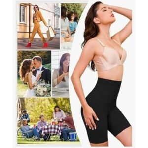 مشد شورت نسائي أسود، لشد البطن والأرداف، غير مرئي تحت الملابس، يمنح مظهراً متناسقاً ونحيلاً