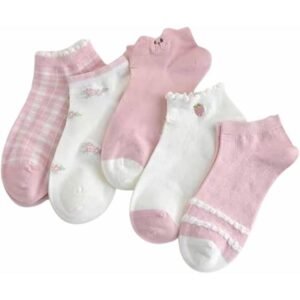 شرابات كاجوال للنساء بطول الكاحل، وردي وأبيض، بتصاميم متنوعة، 6 أزواج