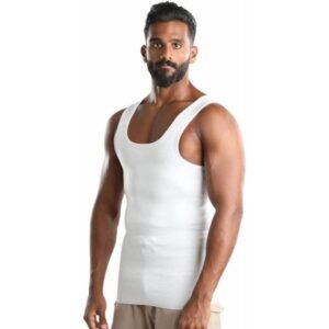 قميص رجالي مشد لتنحيف الجسم وإخفاء الكرش، لون أبيض، بدون أكمام