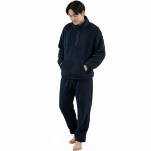 بيجامة رجالية قطعتين من الفرو، لون كحلي، بقلنسوة وسحاب، مريحة للمنزل