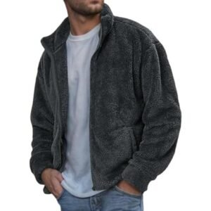 هودي رجالي بفرو دافئ، سترة بسحاب كامل، ياقة واقفة، جيوب جانبية، مناسب للشتاء