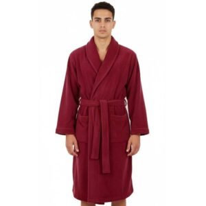 روب استحمام رجالي قصير، لون أحمر داكن، بياقة شال وحزام خصر وجيبين