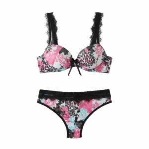 طقم لانجيري نسائي برا وبانتى بطبعة مشجرة، مع دانتيل أسود، مقاس موحد