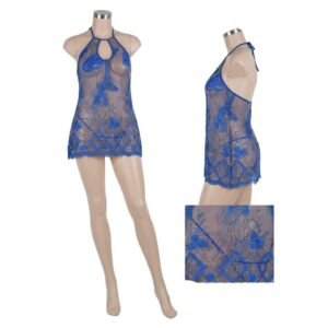 قميص نوم لانجيري من التل المطرز، لون أزرق، بتصميم هالتر مع فتحة أمامية وظهر مفتوح