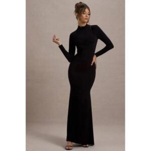 فستان نسائي قطني طويل بياقة عالية وأكمام طويلة، لون أسود، تصميم ضيق أنيق