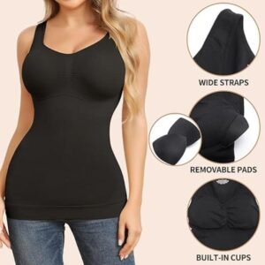 بلوزة بحمالات رفيعة للنساء للتحكم في البطن، بدون أكمام مع حمالة صدر مدمجة لتشكيل الجسم