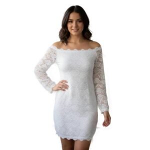 فستان دانتيل مبطن بأكتاف مكشوفة، أكمام طويلة، قصير، متوفر بالأسود والأبيض