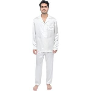 بيجامة رجالي ستان، لون أبيض، قميص بأزرار وبنطلون، مريحة للنوم