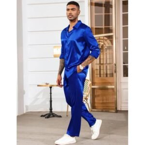 بيجامة رجالية ستان، لون أزرق ملكي، قميص بأكمام طويلة وبنطلون، طقم كامل أنيق