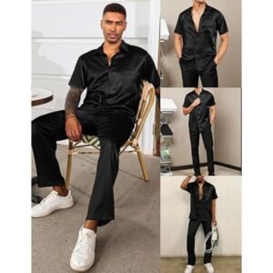 بيجامة رجالية من الساتان، قميص بأكمام قصيرة وبنطلون، مجموعة متكاملة بتصميم أنيق